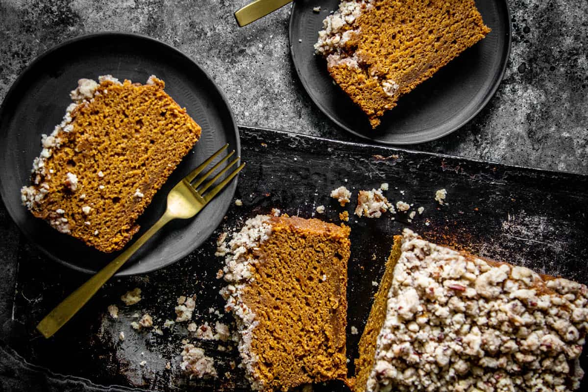 plates with pumpkin bread slices on them
